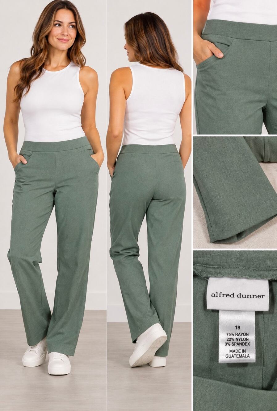 Alfred Dunner Women’s Size 18 Sage Green Pull On Stretch Straight Leg Pants